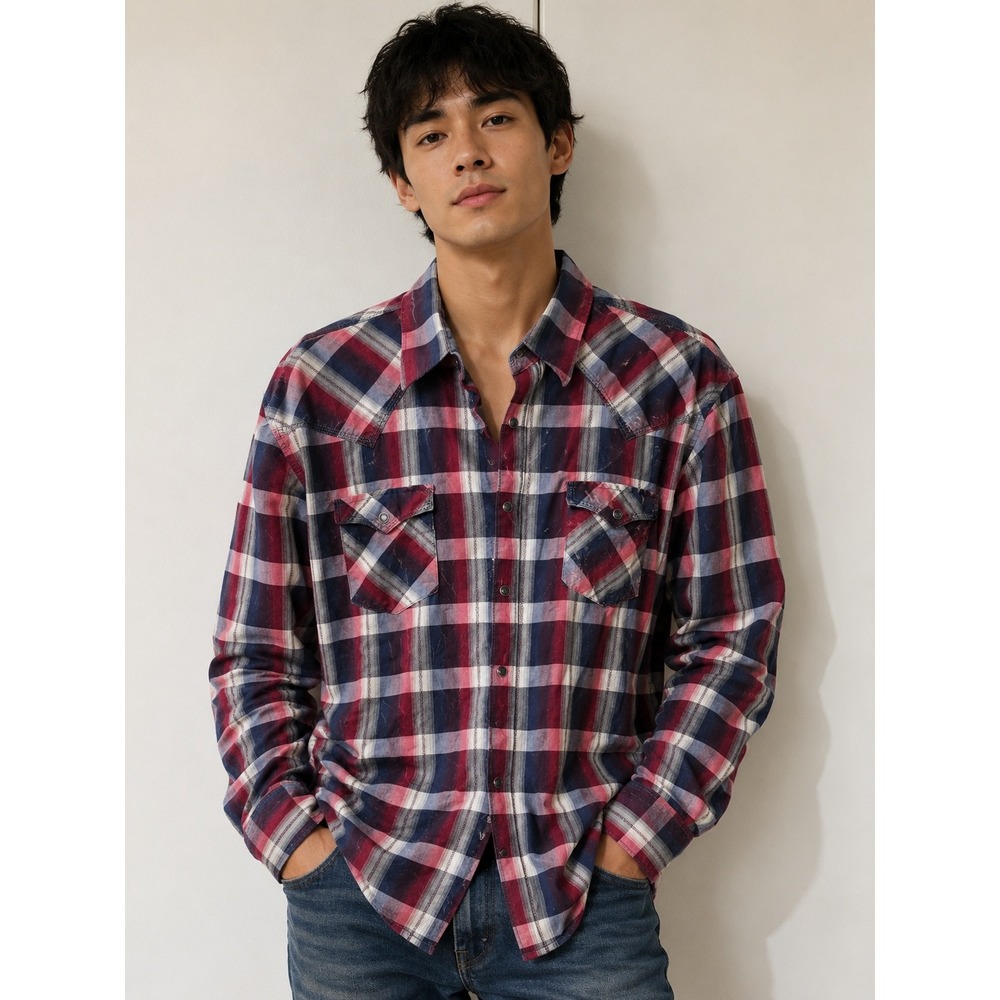 Wrangler Retro Men XL Red Blue Plaid Western Snap Button Down Shirt cowboy rodeo
